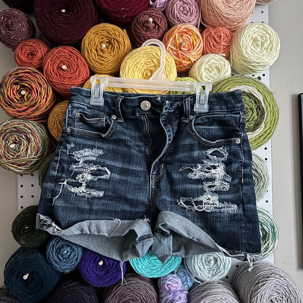 American Eagle Outfitters Dark Blue Distressed Jean Shorts